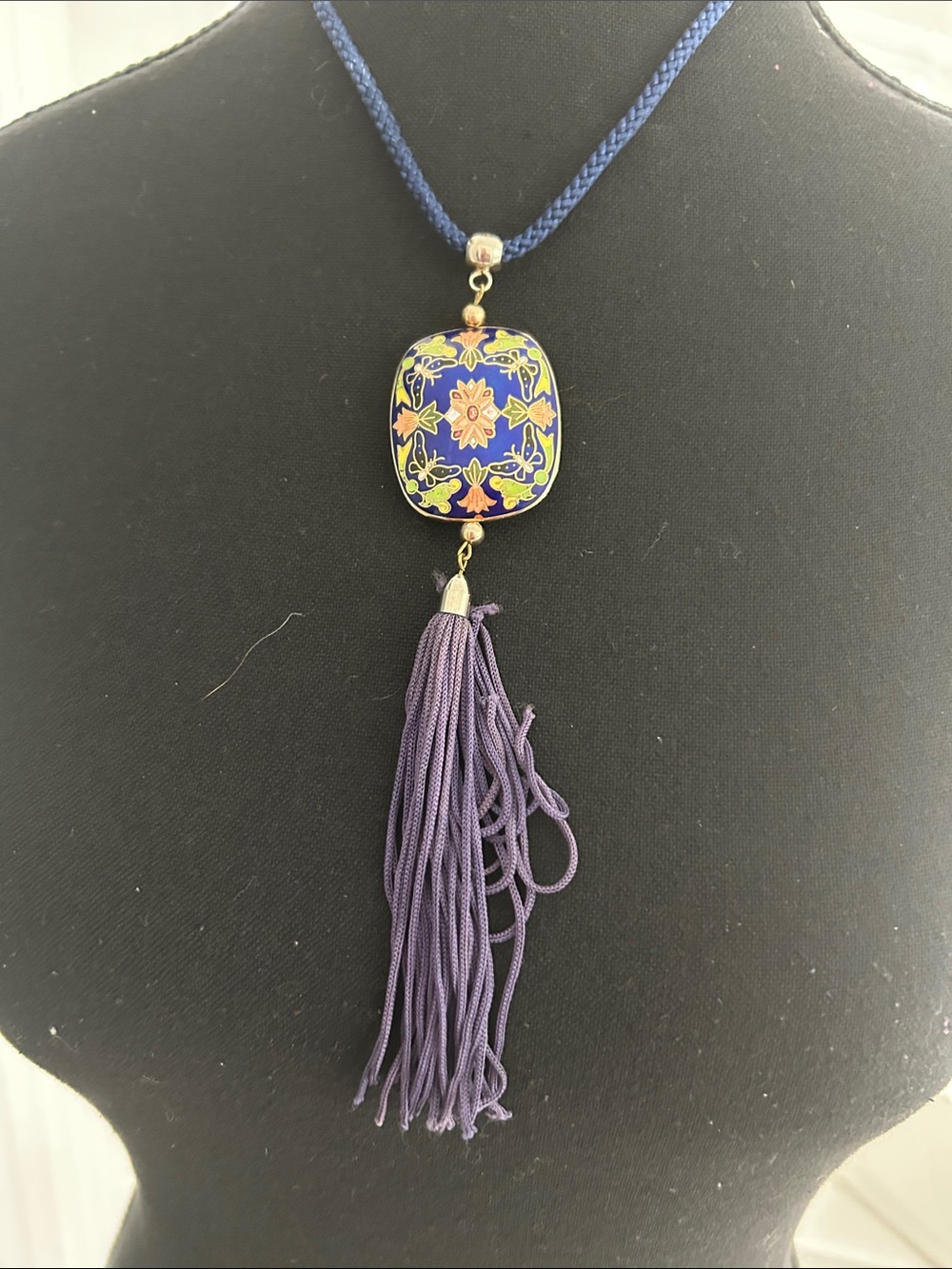 Vintage Blue and Purple Cloisonné ButterflyMedallion Tassel Necklace - Picture 4 of 4
